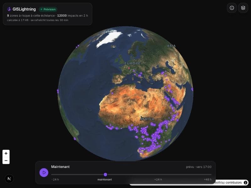 La carte GISLightning : le globe terrestre avec les amas d'impacts de foudre en violet sur l'Afrique centrale