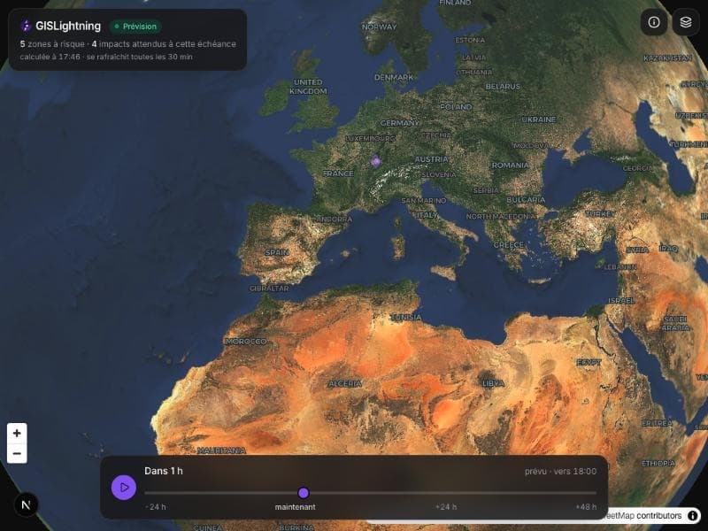 La prévision GISLightning : une zone de risque cerclée sur la France, à l'échéance d'une heure